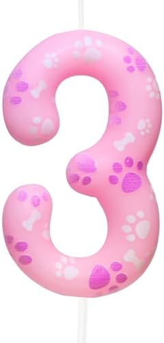 3rd Birthday Candle Number 3 Pink Dog Paw Themed Cake Topper 1