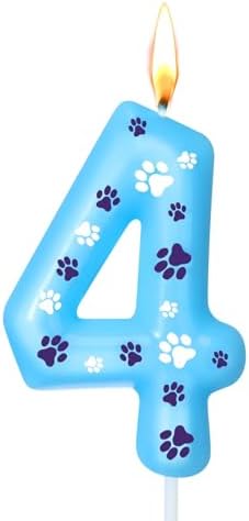 Blue Number 4 Dog Paw Birthday Candles Cake Topper