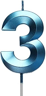 Qj-solar Blue 3 Birthday Candles with 3D Number 3 Cake Topper