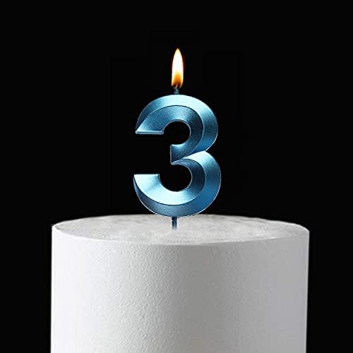 Qj-solar Blue 3 Birthday Candles with 3D Number 3 Cake Topper
