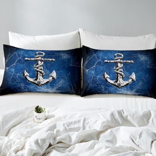 Manfei Nautical Anchor Sheet Set Trippy Blue Black Deep Pocket Twin