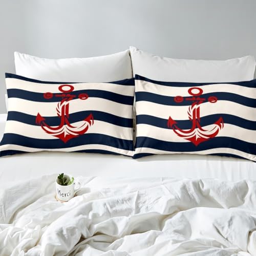 Manfei Nautical Anchor Sheet Set Twin Navy Blue Stripes Deep Pocket