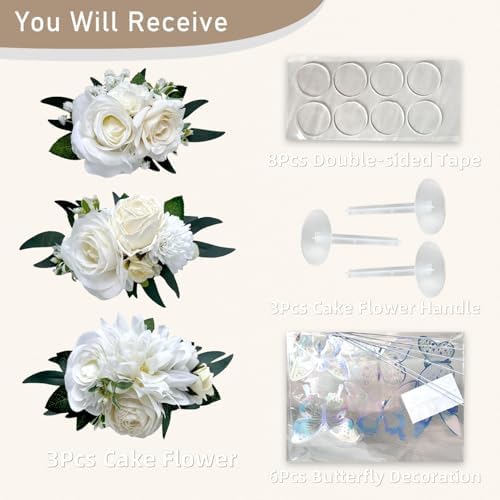 3PCS Ivory White Silk Flowers Wedding Cake Decorations