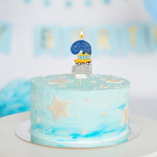 2nd Birthday Candles School Bus Blue Silver Decoration