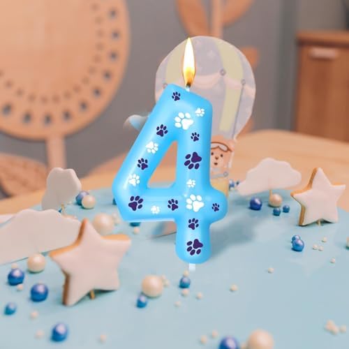 Blue Number 4 Dog Paw Birthday Candles Cake Topper