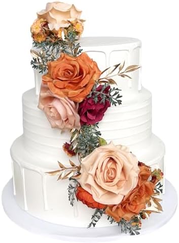 Burnt Orange Silk Flowers Wedding Cake Decor