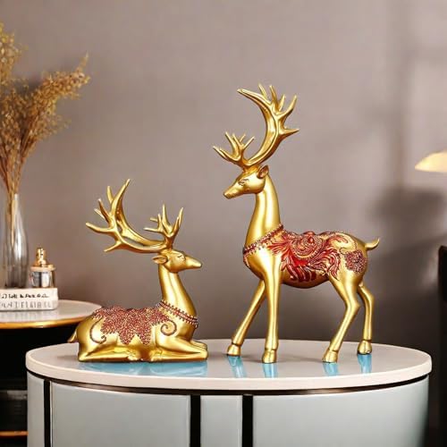 Golden Resin Deer Figurine Pair - Home Decor