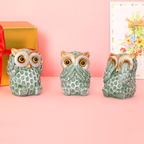 Set of 3 Green Owl Statues Home Decor Accents