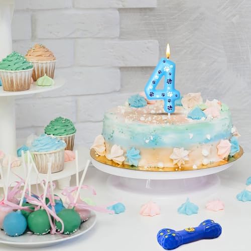 Blue Number 4 Dog Paw Birthday Candles Cake Topper