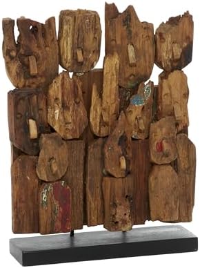 Deco 79 Teak Wood Decorative Sculpture with Faces