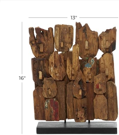 Deco 79 Teak Wood Decorative Sculpture with Faces