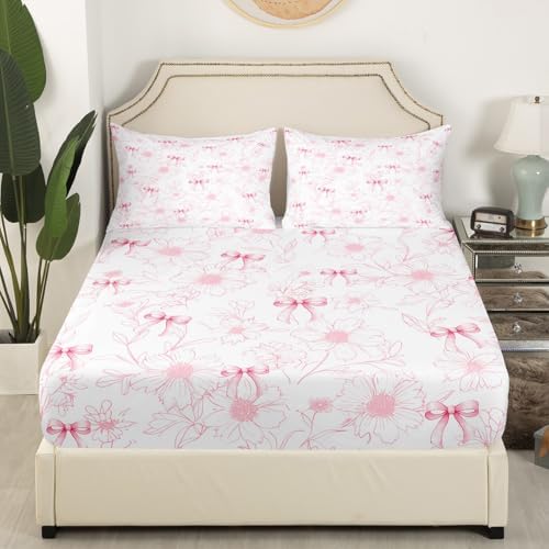 Manfei Pink Bow Fitted Sheet Queen Size Set 1
