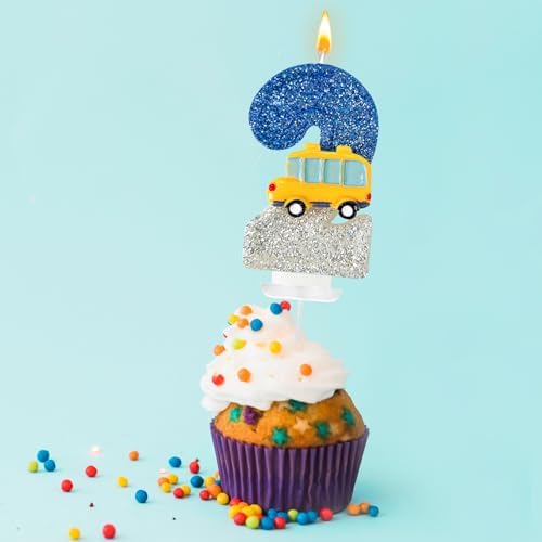 2nd Birthday Candles School Bus Blue Silver Decoration