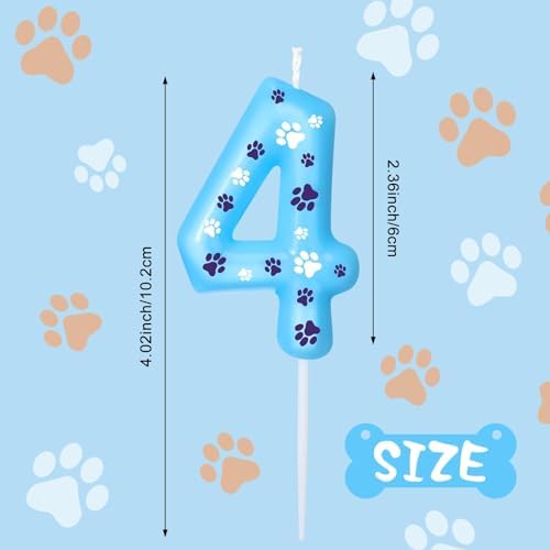 Blue Number 4 Dog Paw Birthday Candles Cake Topper