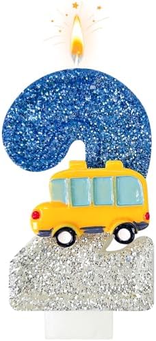 2nd Birthday Candles School Bus Blue Silver Decoration