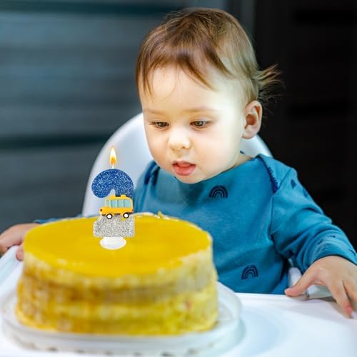 2nd Birthday Candles School Bus Blue Silver Decoration