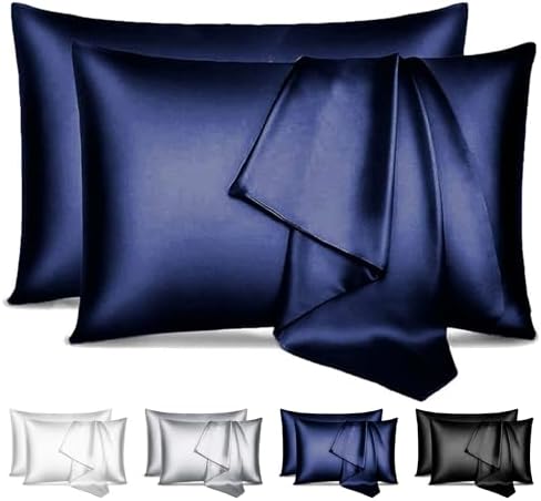 Luxury Satin Silk Pillow Cases 2 Pack Navy Blue