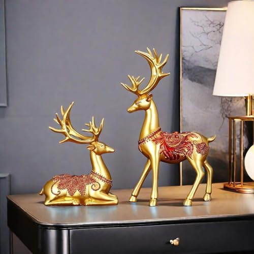 Golden Resin Deer Figurine Pair - Home Decor