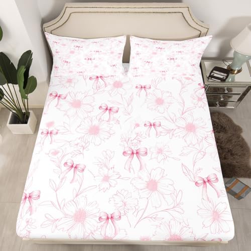 Manfei Pink Bow Fitted Sheet Queen Size Set 1