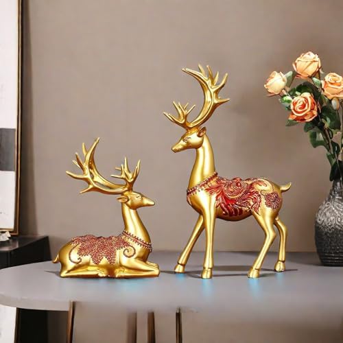 Golden Resin Deer Figurine Pair - Home Decor