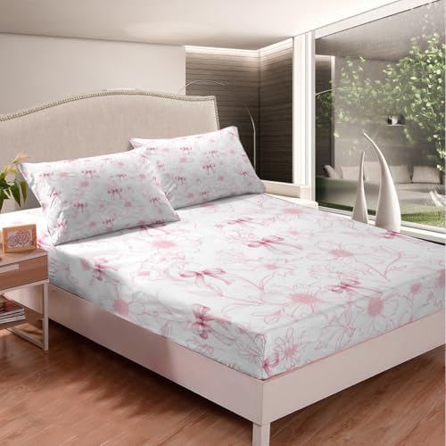 Manfei Pink Bow Fitted Sheet Queen Size Set 1