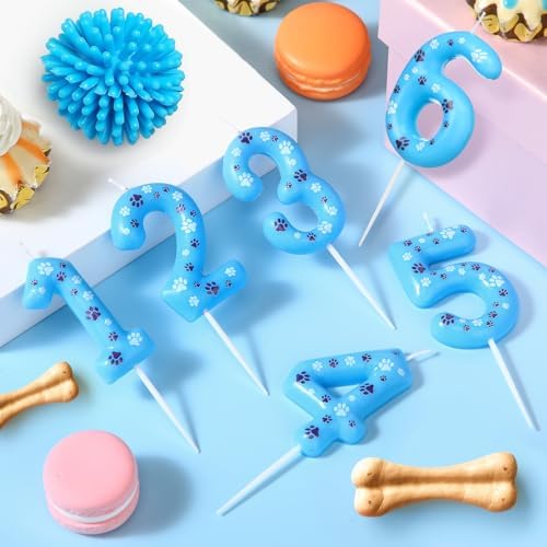 Blue Number 4 Dog Paw Birthday Candles Cake Topper