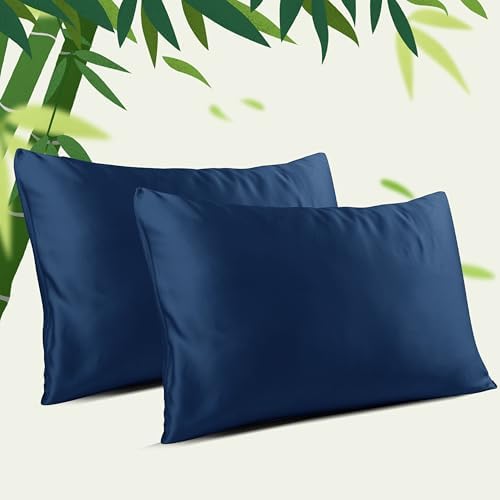 Zaizaihome Bamboo Viscose Pillowcase Set of 2 Zippered Navy Blue