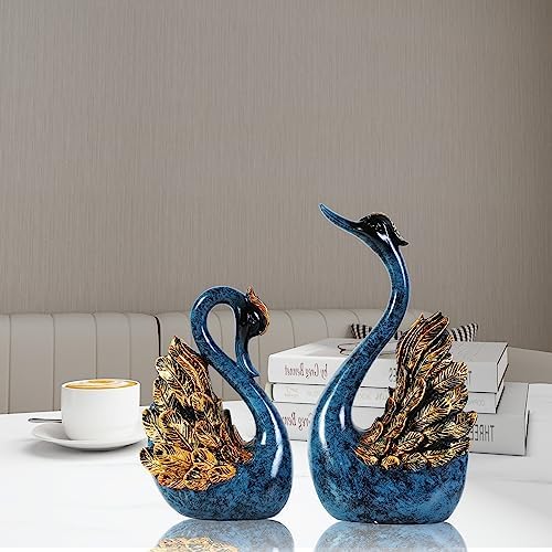 CECKQUE 2pcs Swan Statues Couple Home Decor Blue