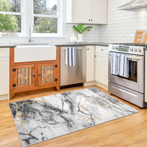 Modern Abstract 3x5 Area Rug Marble Grey White