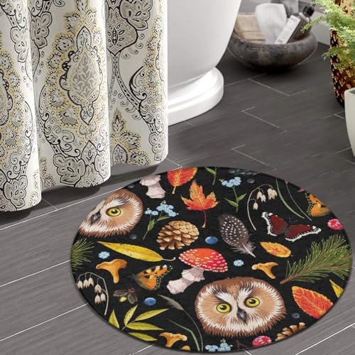 Meaudiwes Owl Mushroom Floor Rug 24 Inch Non-Slip Round Mat