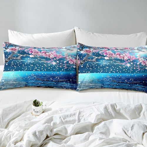Manfei Pink Blossom Flower Sheet Set Twin Size with Deep Pocket