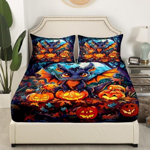 Manfei Jungle Dragon Bed Sheet Set Fall Halloween Pumpkin Deep Pocket Twin