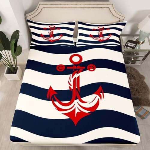 Manfei Nautical Anchor Sheet Set Twin Navy Blue Stripes Deep Pocket