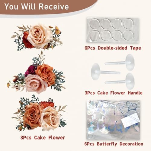 Burnt Orange Silk Flowers Wedding Cake Decor