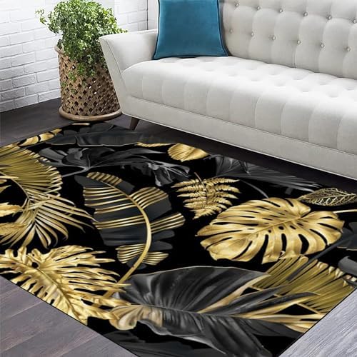 USHIRUG Black Gold Monstera Area Rug 2x6ft