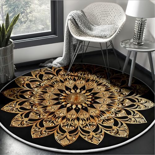 Black Gold Floral Round Rug 4 Diameter