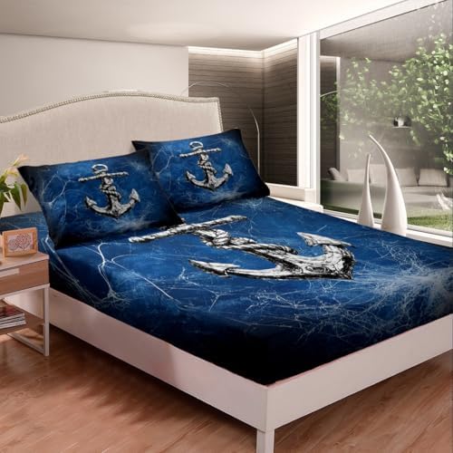 Manfei Nautical Anchor Sheet Set Trippy Blue Black Deep Pocket Twin