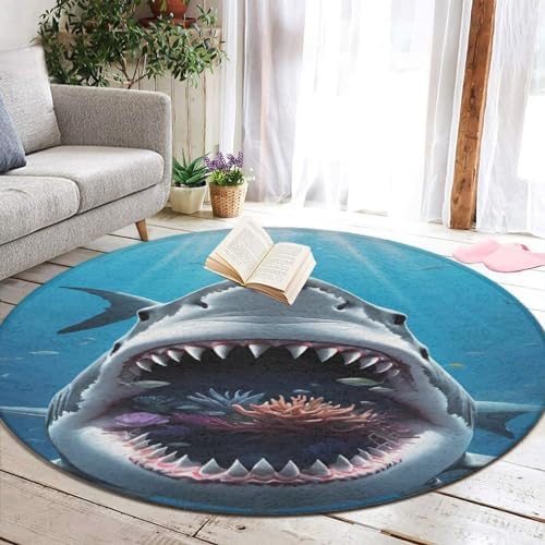 Modern Soft Round Area Rug - Great Ocean White Shark Design
