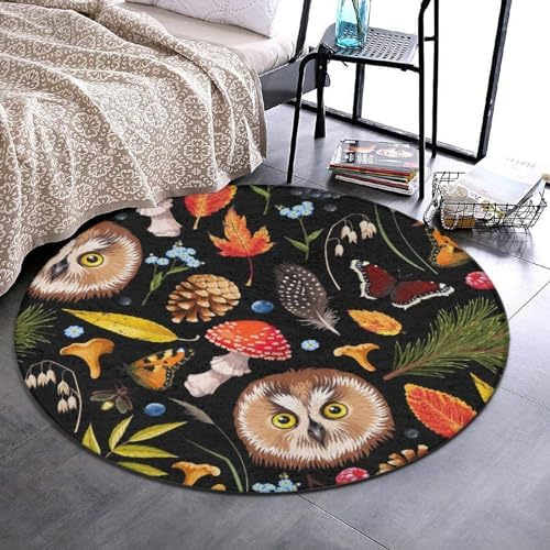 Meaudiwes Owl Mushroom Floor Rug 24 Inch Non-Slip Round Mat