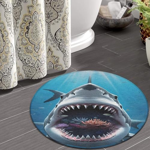 Modern Soft Round Area Rug - Great Ocean White Shark Design