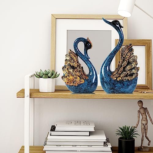 CECKQUE 2pcs Swan Statues Couple Home Decor Blue