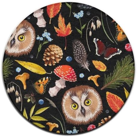 Meaudiwes Owl Mushroom Floor Rug 24 Inch Non-Slip Round Mat