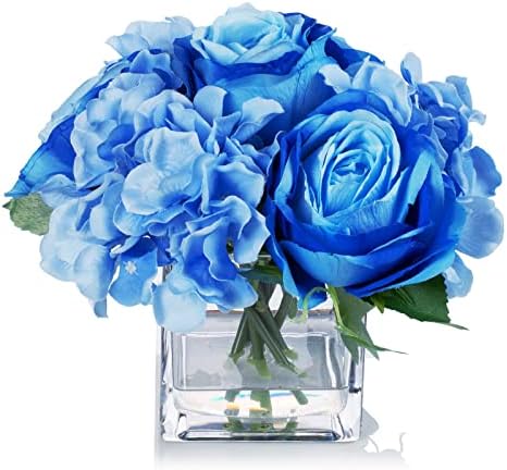 ENOVA FLORAL Blue Mixed Silk Flowers with Vase