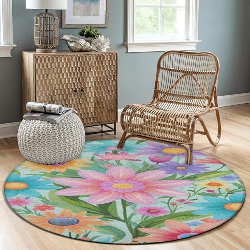 Modern Soft Round Area Rug with Summer Flowers Design