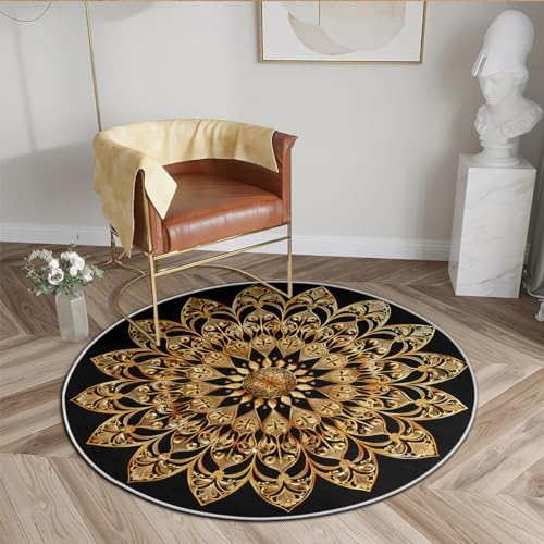 Black Gold Floral Round Rug 4 Diameter