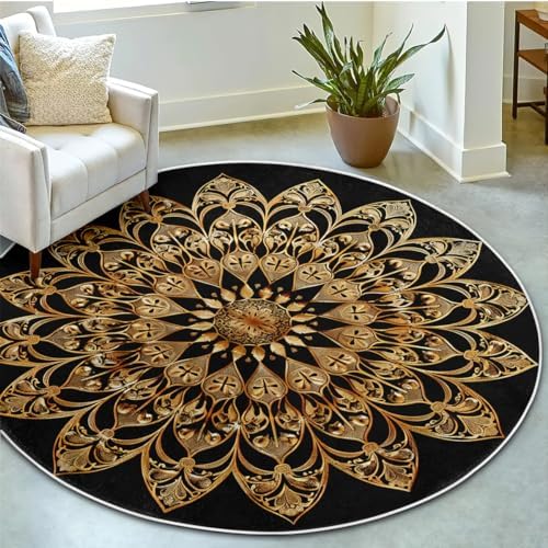 Black Gold Floral Round Rug 4 Diameter