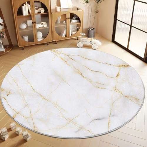 Bhoyctn Round Area Rug 2 x 2 Marble Gold Stripes
