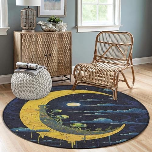 Modern Funny Alien Moon Sky Circle Rug