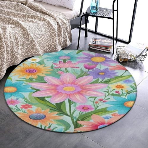 Modern Soft Round Area Rug with Summer Flowers Design