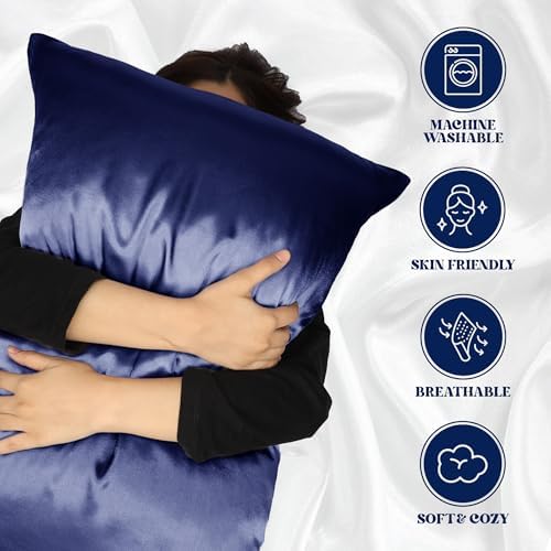 Luxury Satin Silk Pillow Cases 2 Pack Navy Blue